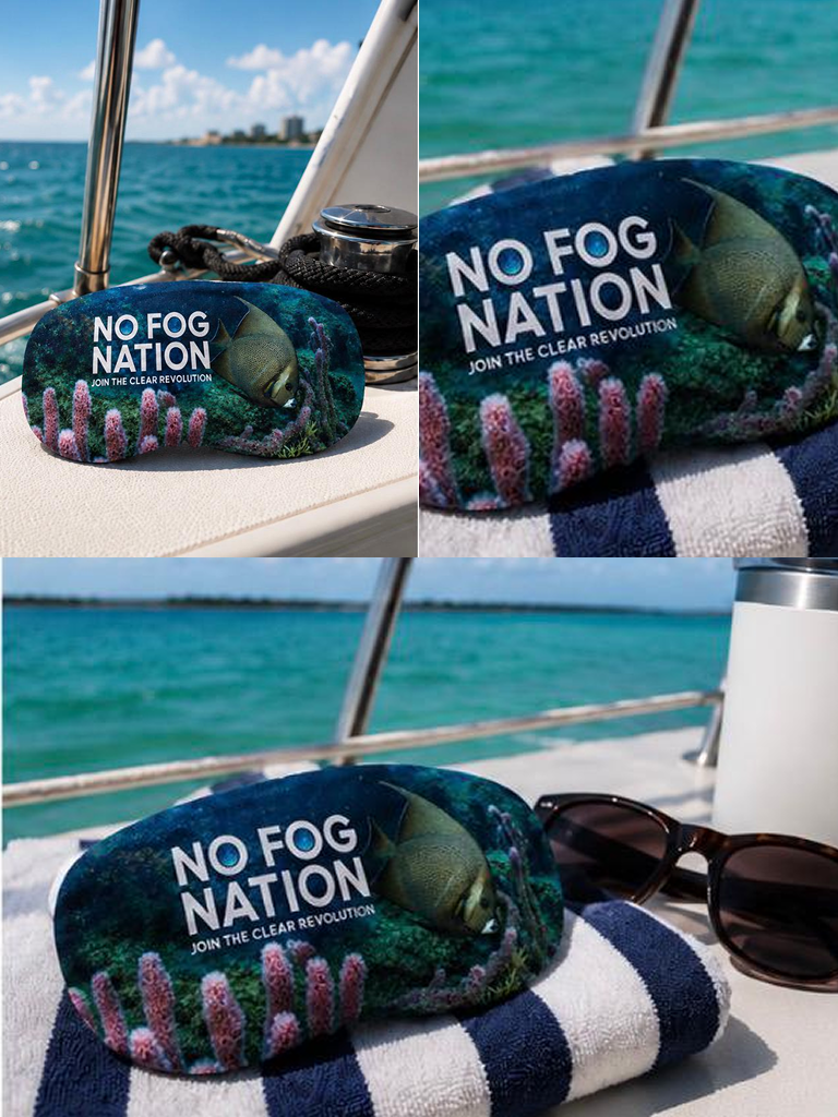 No Fog Nation microfiber mask cover lifestyle collage on a boat with reef artwork